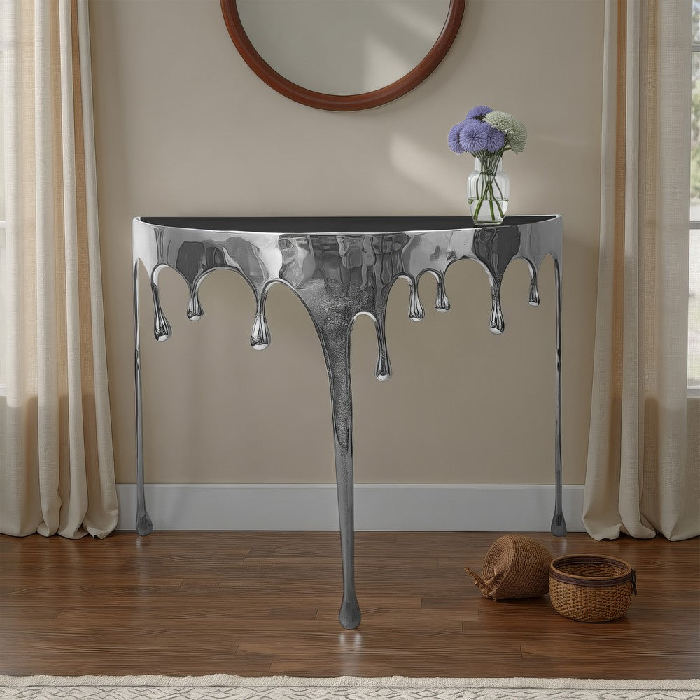 Capri Sofa Console Table | 36.25" Half Moon Glass Top | Melting Drip Design | Aluminum Cast | Silver - UPT-332448