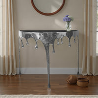 Capri Sofa Console Table | 36.25" Half Moon Glass Top | Melting Drip Design | Aluminum Cast | Silver - UPT-332448