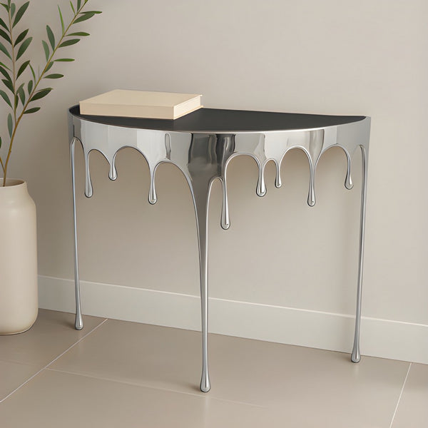 Capri Sofa Console Table | 36.25" Half Moon Glass Top | Melting Drip Design | Aluminum Cast | Silver - UPT-332448