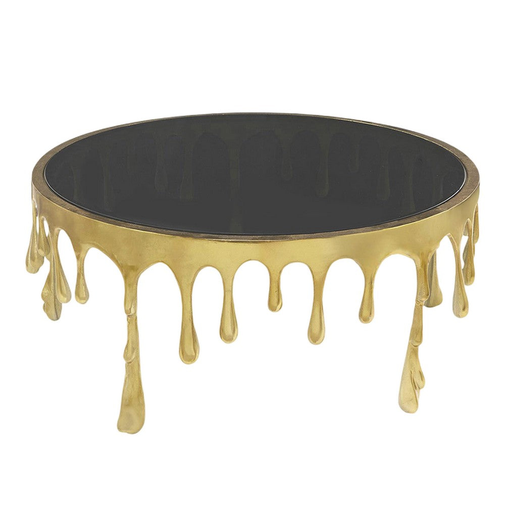 Capri Coffee Table | 36 Inch Round Glass Top | Melting Drip Design | Antique Gold Brass - UPT-332449