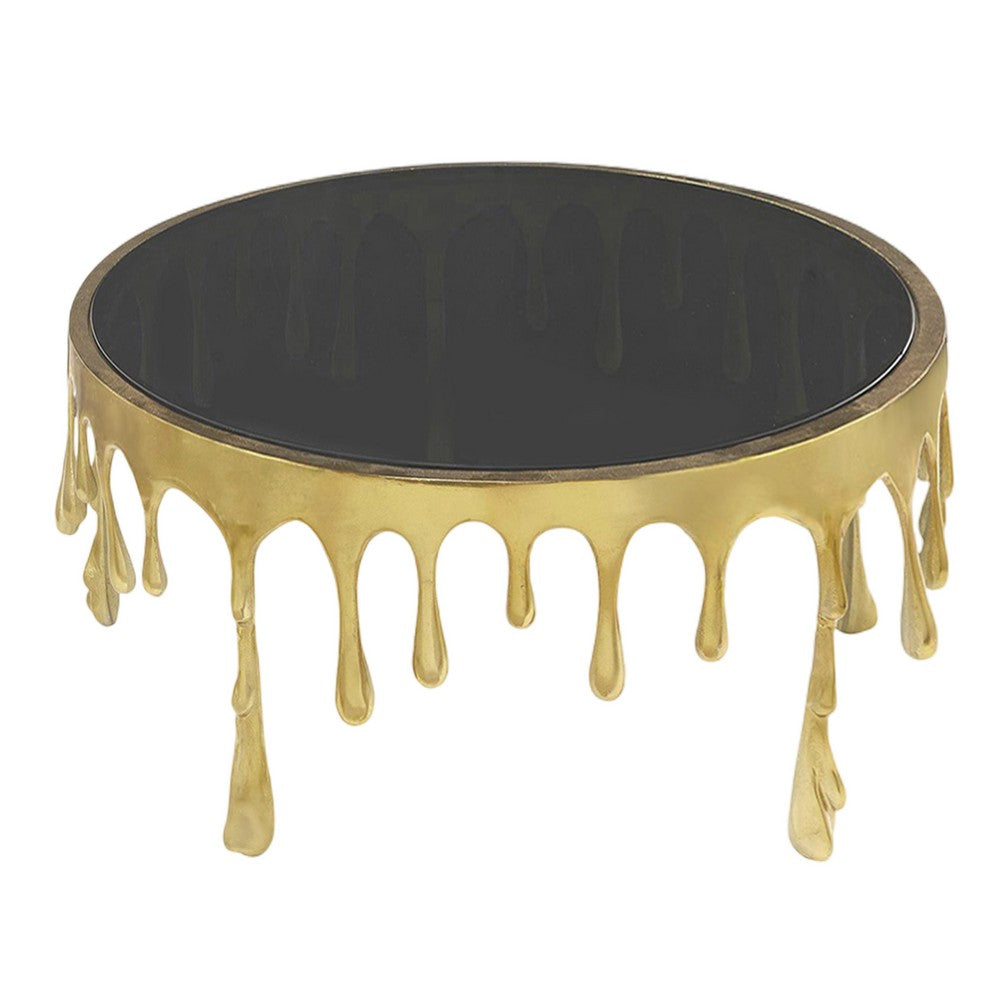 Capri Coffee Table | 36 Inch Round Glass Top | Melting Drip Design | Antique Gold Brass - UPT-332449