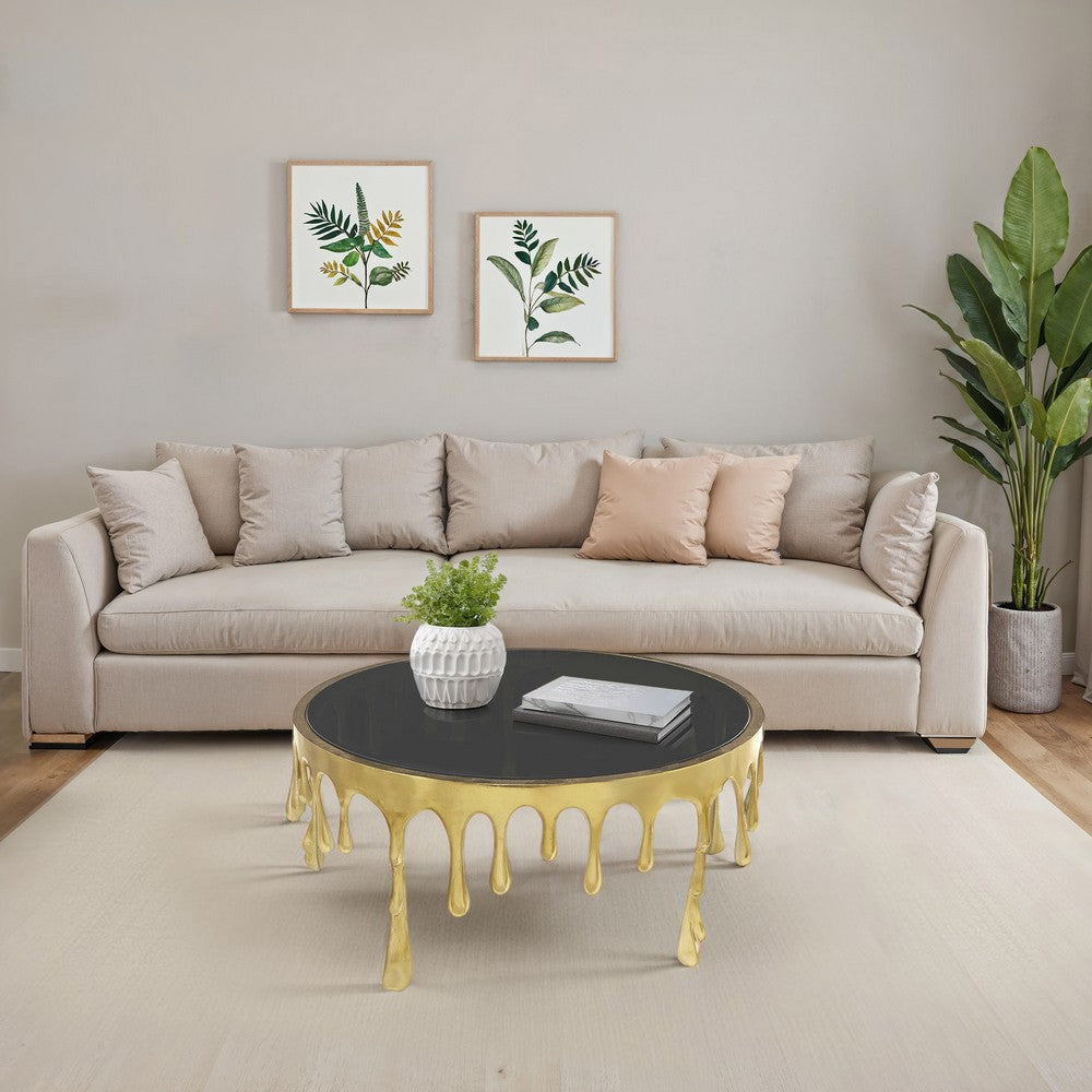 Capri Coffee Table | 36 Inch Round Glass Top | Melting Drip Design | Antique Gold Brass - UPT-332449
