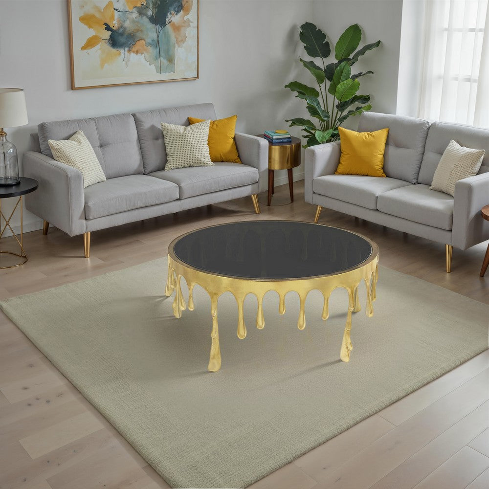 Capri Coffee Table | 36 Inch Round Glass Top | Melting Drip Design | Antique Gold Brass - UPT-332449