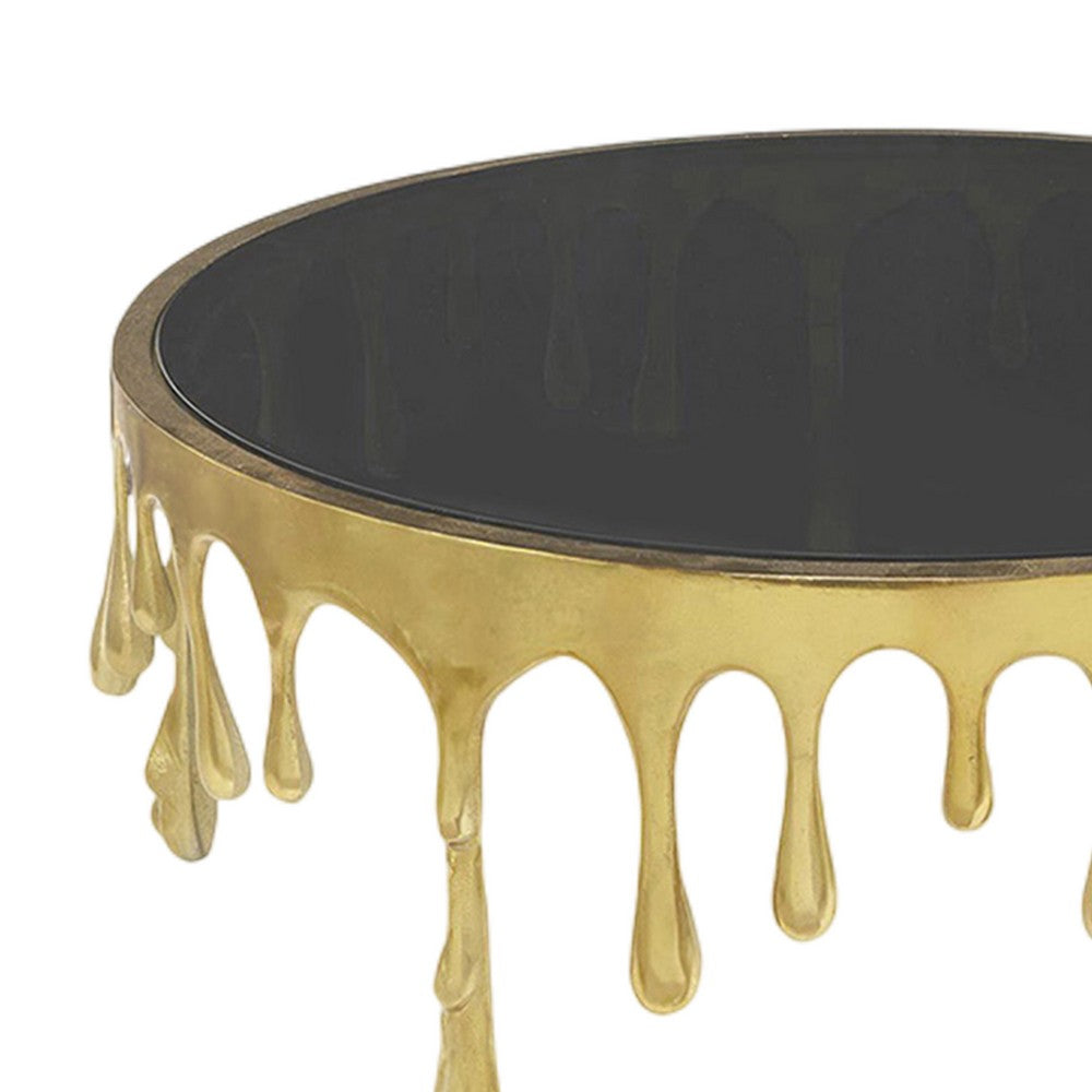 Capri Coffee Table | 36 Inch Round Glass Top | Melting Drip Design | Antique Gold Brass - UPT-332449