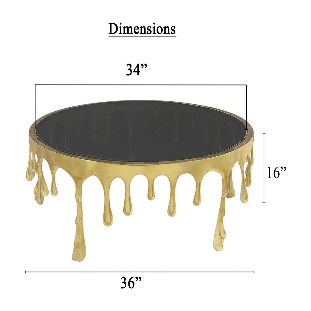Capri Coffee Table | 36 Inch Round Glass Top | Melting Drip Design | Antique Gold Brass - UPT-332449