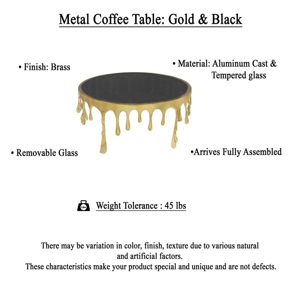 Capri Coffee Table | 36 Inch Round Glass Top | Melting Drip Design | Antique Gold Brass - UPT-332449