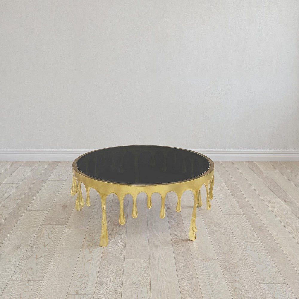 Capri Coffee Table | 36 Inch Round Glass Top | Melting Drip Design | Antique Gold Brass - UPT-332449