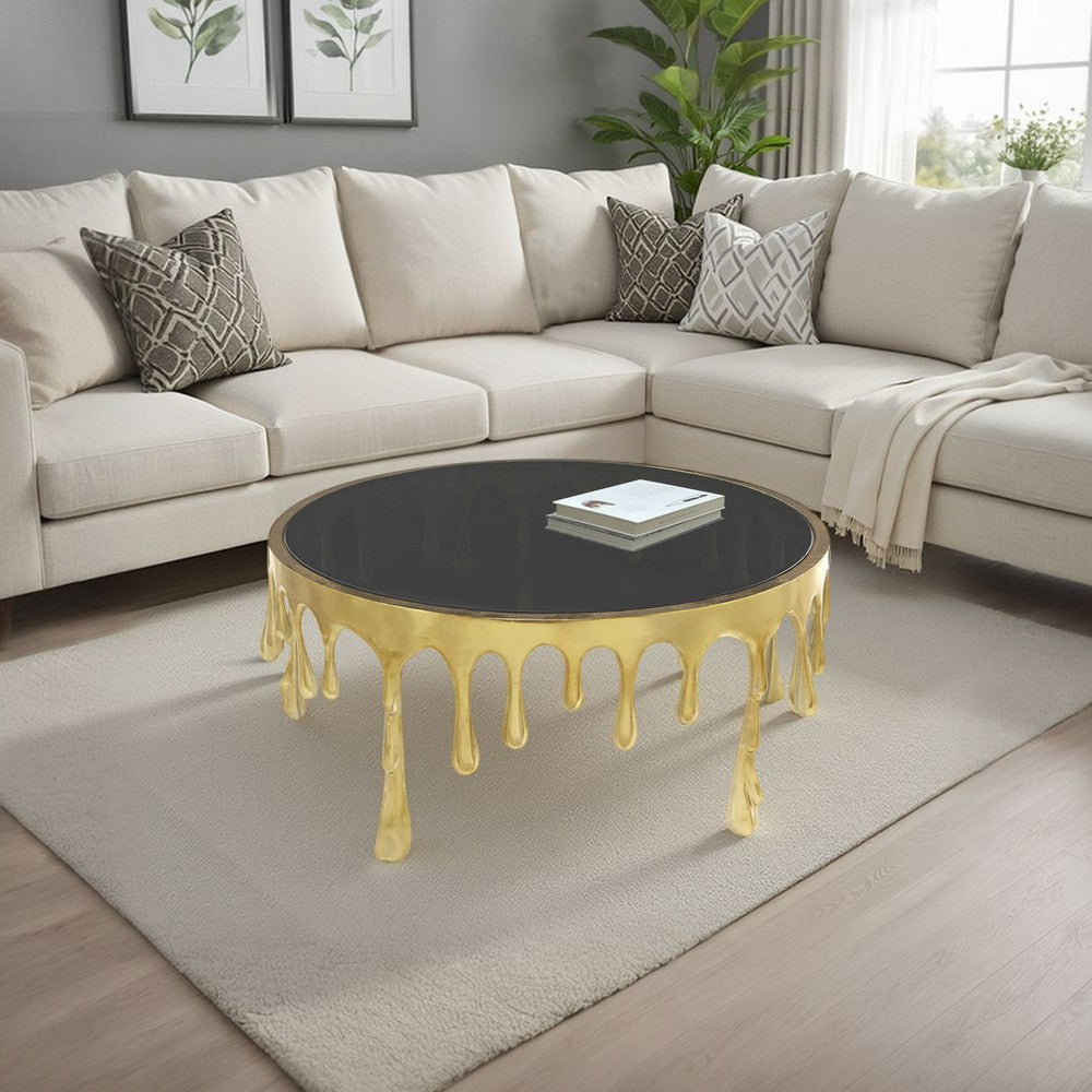 Capri Coffee Table | 36 Inch Round Glass Top | Melting Drip Design | Antique Gold Brass - UPT-332449