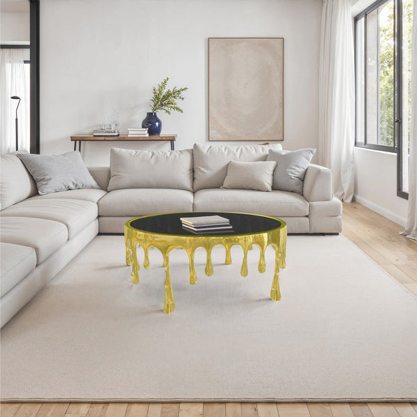 Capri Coffee Table | 36 Inch Round Glass Top | Melting Drip Design | Antique Gold - UPT-332449