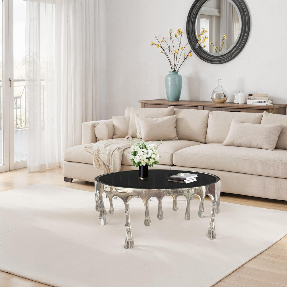 Capri Coffee Table | 36 Inch Round Glass Top | Melting Drip Design  | Nickel Silver - UPT-332450
