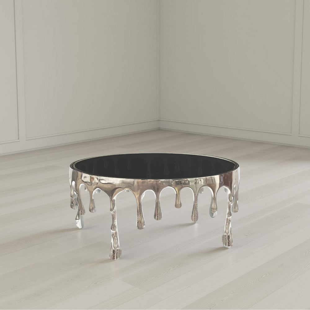 Capri Coffee Table | 36 Inch Round Glass Top | Melting Drip Design  | Nickel Silver - UPT-332450