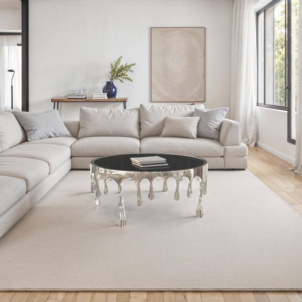 Capri Coffee Table | 36 Inch Round Glass Top | Melting Drip Design  | Nickel Silver - UPT-332450