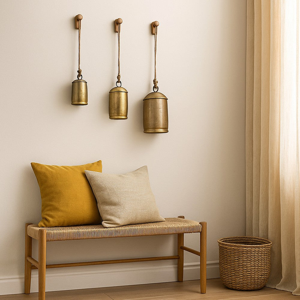 Zaira Decorative Iron Cow Bells Set of 3 | Cylindrical | Antique Gold Finish| Jute Hanging Rope | 20, 15, 12 Inches - UPT-332559