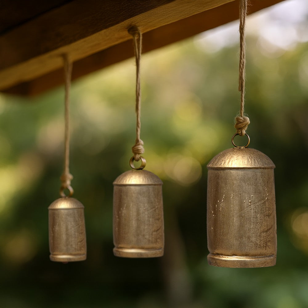 Zaira Decorative Iron Cow Bells Set of 3 | Cylindrical | Antique Gold Finish| Jute Hanging Rope | 20, 15, 12 Inches - UPT-332559