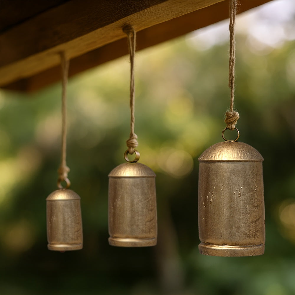 Zaira Decorative Iron Cow Bells Set of 3 | Cylindrical | Antique Gold Finish| Jute Hanging Rope | 20, 15, 12 Inches - UPT-332559