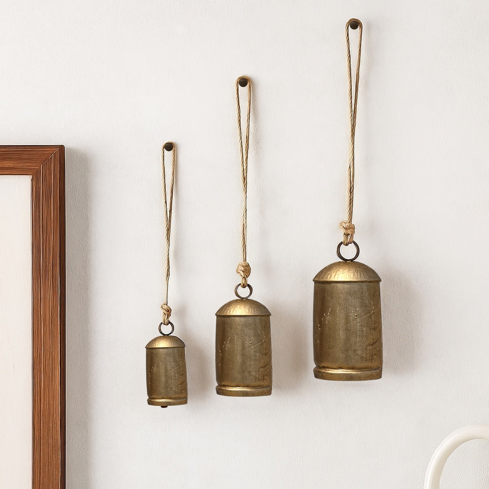 Zaira Decorative Iron Cow Bells Set of 3 | Cylindrical | Antique Gold Finish| Jute Hanging Rope | 20, 15, 12 Inches - UPT-332559