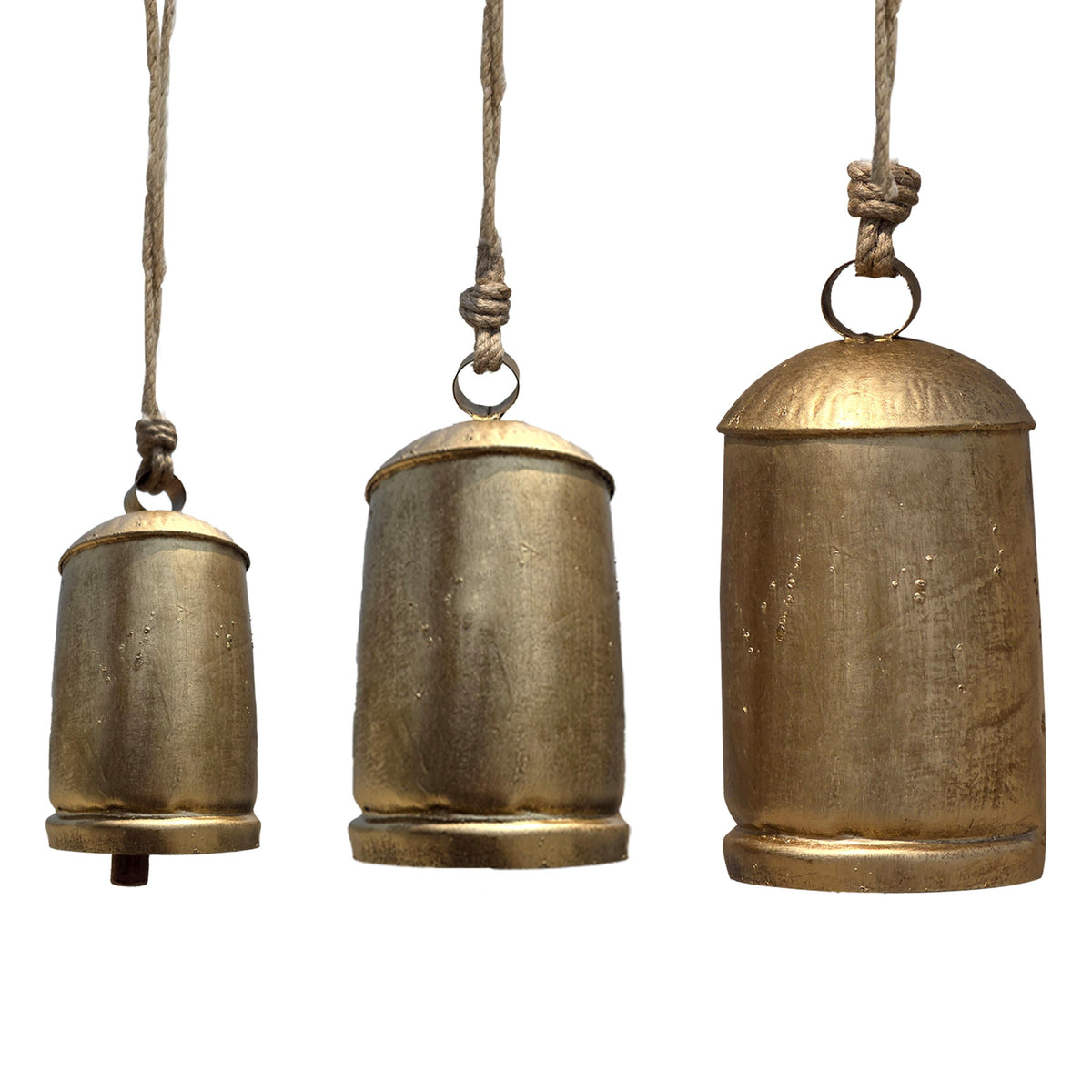 Zaira Decorative Iron Cowbell Set of 3 | Cylindrical | Antique Gold Finish| Jute Hanging Rope | 20, 15, 12 Inches - UPT-332559
