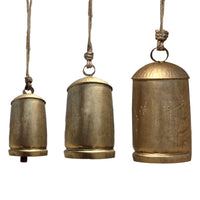 Zaira Decorative Iron Cowbell Set of 3 | Cylindrical | Antique Gold Finish| Jute Hanging Rope | 20, 15, 12 Inches - UPT-332559