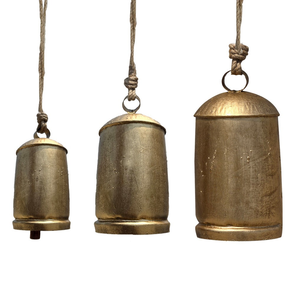 Zaira Decorative Iron Cow Bells Set of 3 | Cylindrical | Antique Gold Finish| Jute Hanging Rope | 20, 15, 12 Inches - UPT-332559