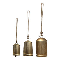 Zaira Decorative Iron Cowbell Set of 3 | Cylindrical | Antique Gold Finish| Jute Hanging Rope | 20, 15, 12 Inches - UPT-332559