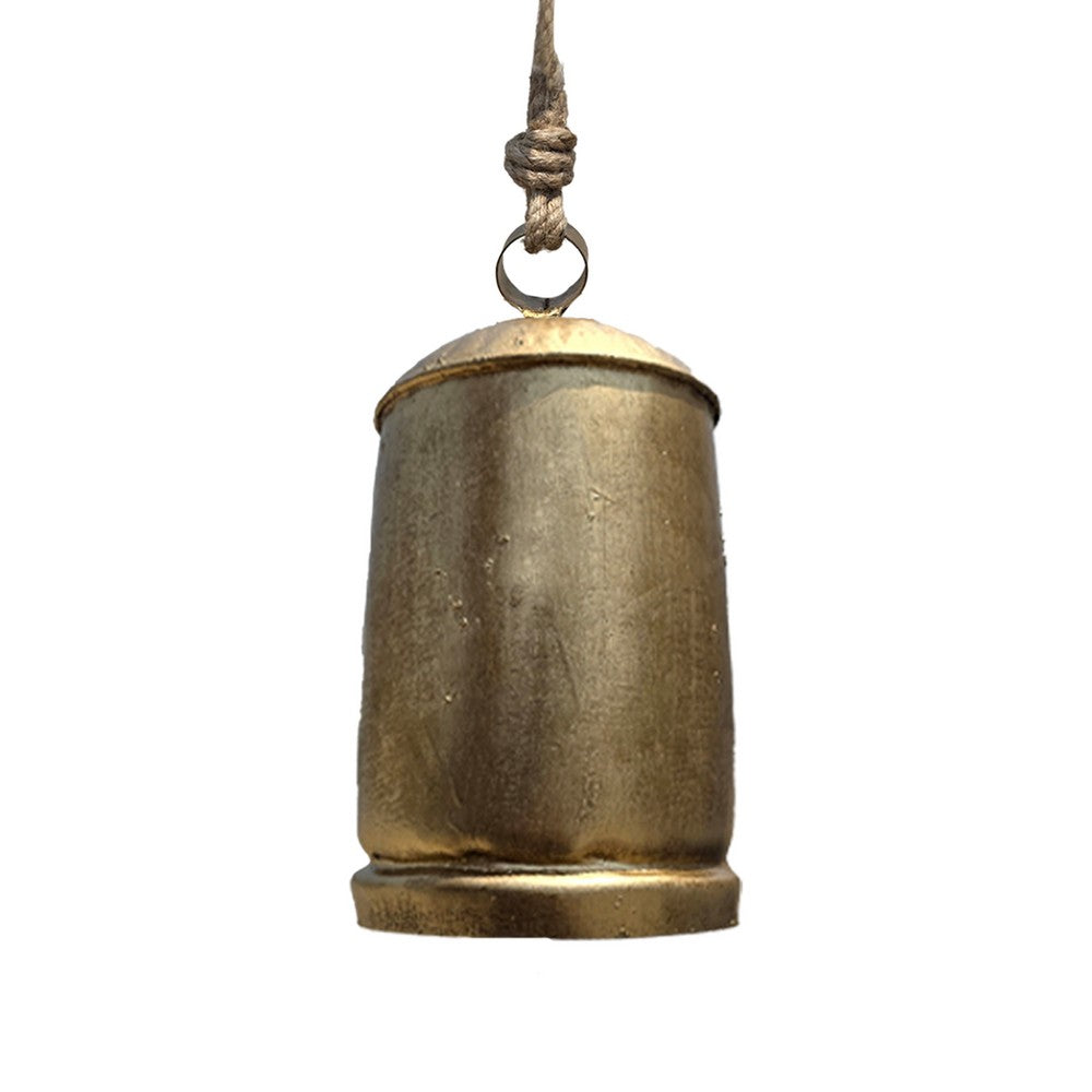 Zaira Decorative Iron Cowbell Set of 3 | Cylindrical | Antique Gold Finish| Jute Hanging Rope | 20, 15, 12 Inches - UPT-332559