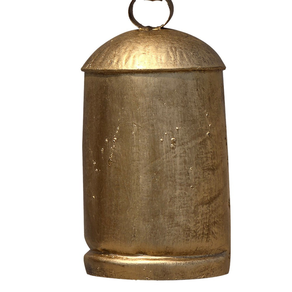 Zaira Decorative Iron Cow Bells Set of 3 | Cylindrical | Antique Gold Finish| Jute Hanging Rope | 20, 15, 12 Inches - UPT-332559