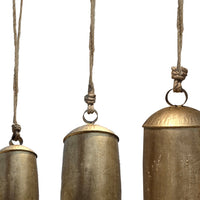 Zaira Decorative Iron Cowbell Set of 3 | Cylindrical | Antique Gold Finish| Jute Hanging Rope | 20, 15, 12 Inches - UPT-332559