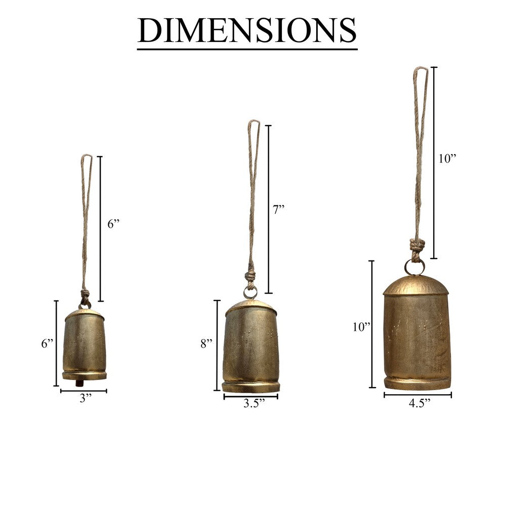 Zaira Decorative Iron Cow Bells Set of 3 | Cylindrical | Antique Gold Finish| Jute Hanging Rope | 20, 15, 12 Inches - UPT-332559