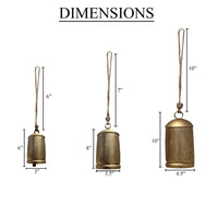 Zaira Decorative Iron Cow Bells Set of 3 | Cylindrical | Antique Gold Finish| Jute Hanging Rope | 20, 15, 12 Inches - UPT-332559