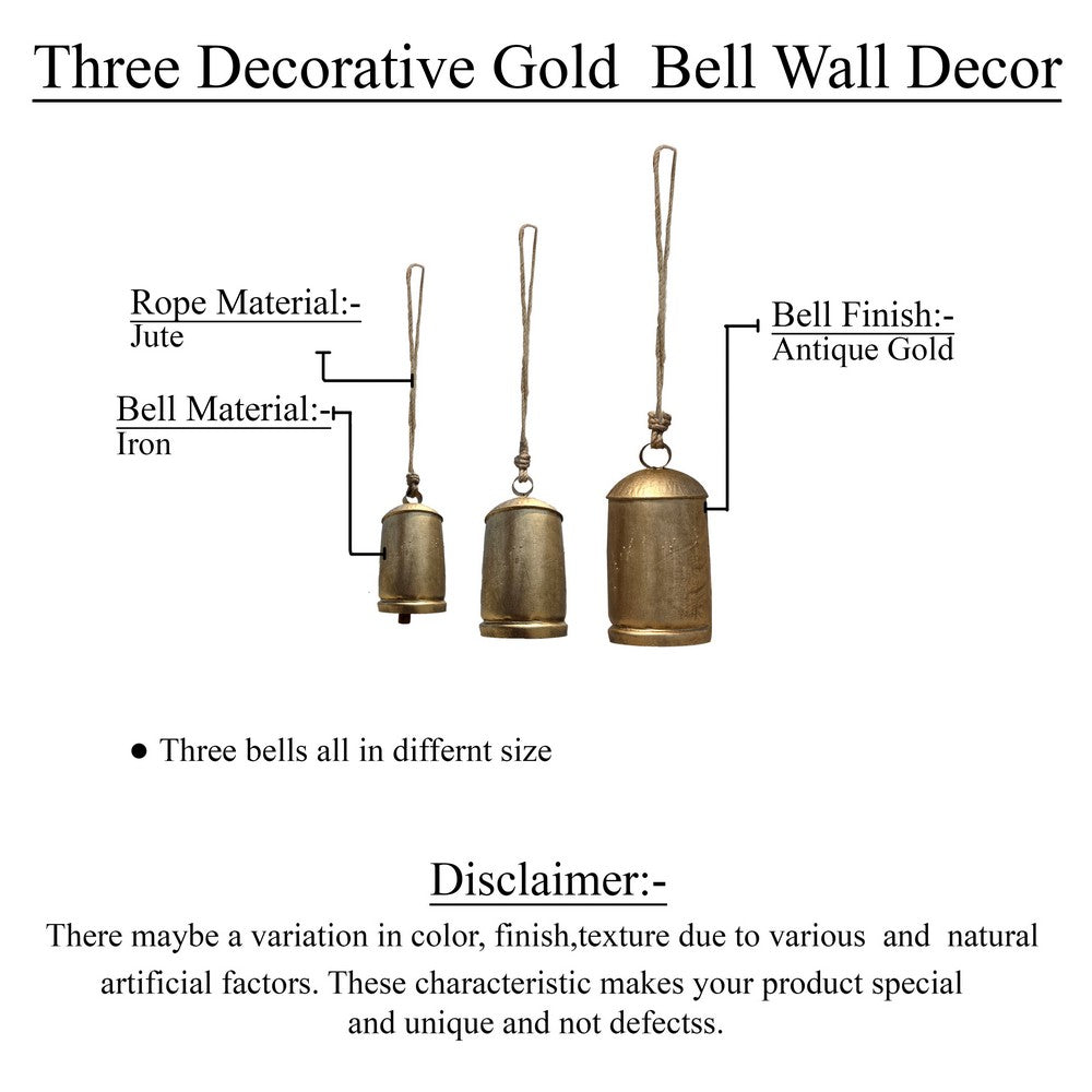 Zaira Decorative Iron Cow Bells Set of 3 | Cylindrical | Antique Gold Finish| Jute Hanging Rope | 20, 15, 12 Inches - UPT-332559