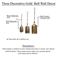 Zaira Decorative Iron Cow Bells Set of 3 | Cylindrical | Antique Gold Finish| Jute Hanging Rope | 20, 15, 12 Inches - UPT-332559