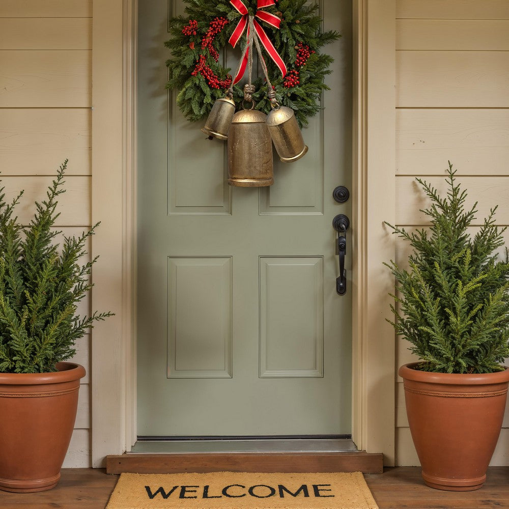 Zaira Decorative Iron Cow Bells Set of 3 | Cylindrical | Antique Gold Finish| Jute Hanging Rope | 20, 15, 12 Inches - UPT-332559