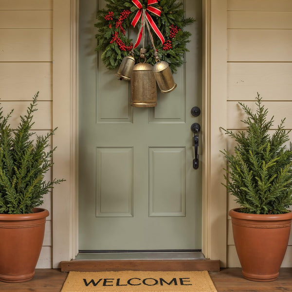 Zaira Decorative Iron Cow Bells Set of 3 | Cylindrical | Antique Gold Finish| Jute Hanging Rope | 20, 15, 12 Inches - UPT-332559