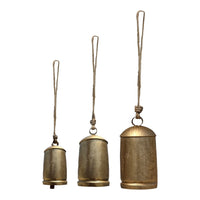 Zaira Decorative Iron Cow Bells Set of 3 | Cylindrical | Antique Gold Finish| Jute Hanging Rope | 20, 15, 12 Inches - UPT-332559