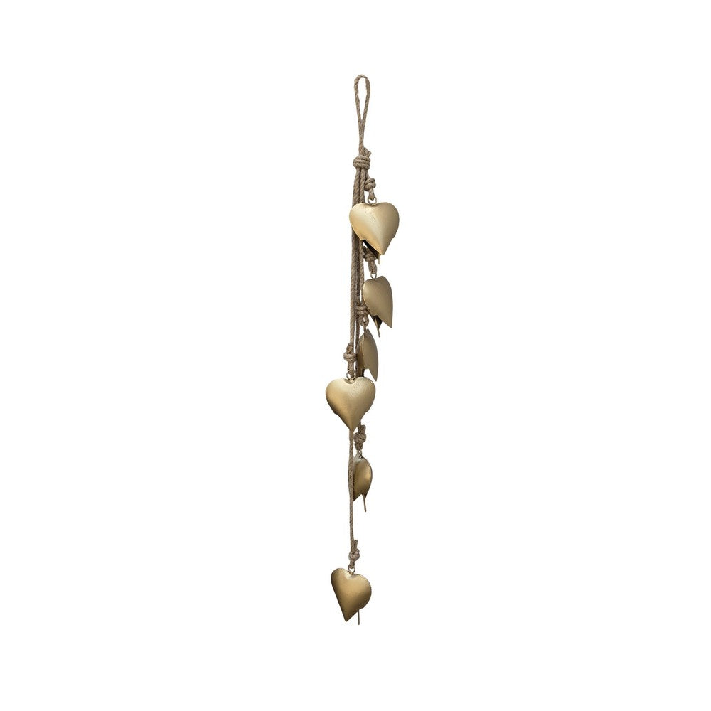 Zema 6 Heart Shape Iron Bells on 35 Inch Jute Hanging Rope, Antique Gold Wall Decor - UPT-332560