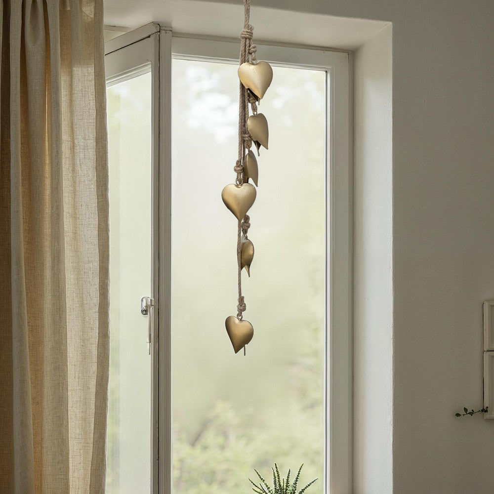 Zema 6 Heart Shape Iron Bells on 35 Inch Jute Hanging Rope, Antique Gold Wall Decor - UPT-332560