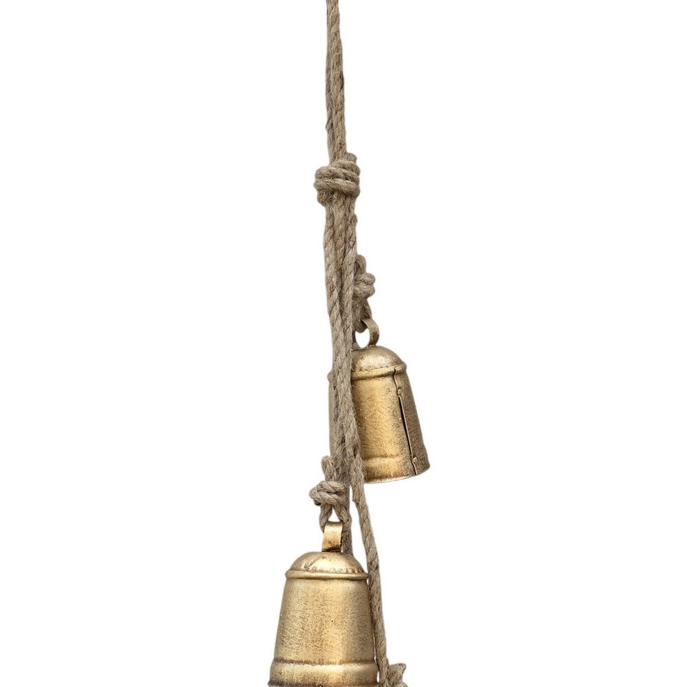 Zema Rustic Iron Hanging Bells Wall Decor, Cylindrical Cowbell on 28 Inch Jute Rope, Antique Gold - UPT-332561