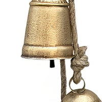 Zema Rustic Iron Hanging Bells Wall Decor, Cylindrical Cowbell on 28 Inch Jute Rope, Antique Gold - UPT-332561