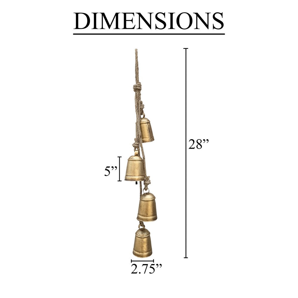 Zema Rustic Iron Hanging Bells Wall Decor, Cylindrical Cowbell on 28 Inch Jute Rope, Antique Gold - UPT-332561