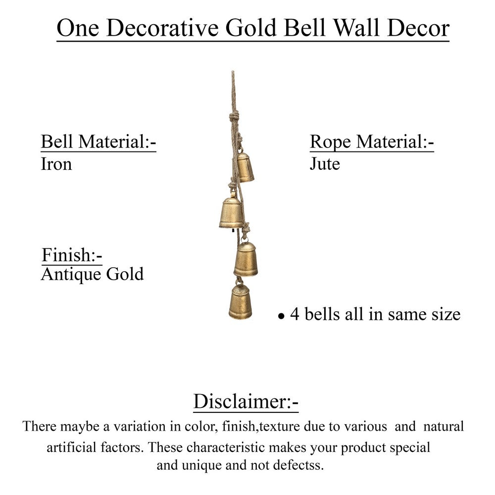 Zema Rustic Iron Hanging Bells Wall Decor, Cylindrical Cowbell on 28 Inch Jute Rope, Antique Gold - UPT-332561