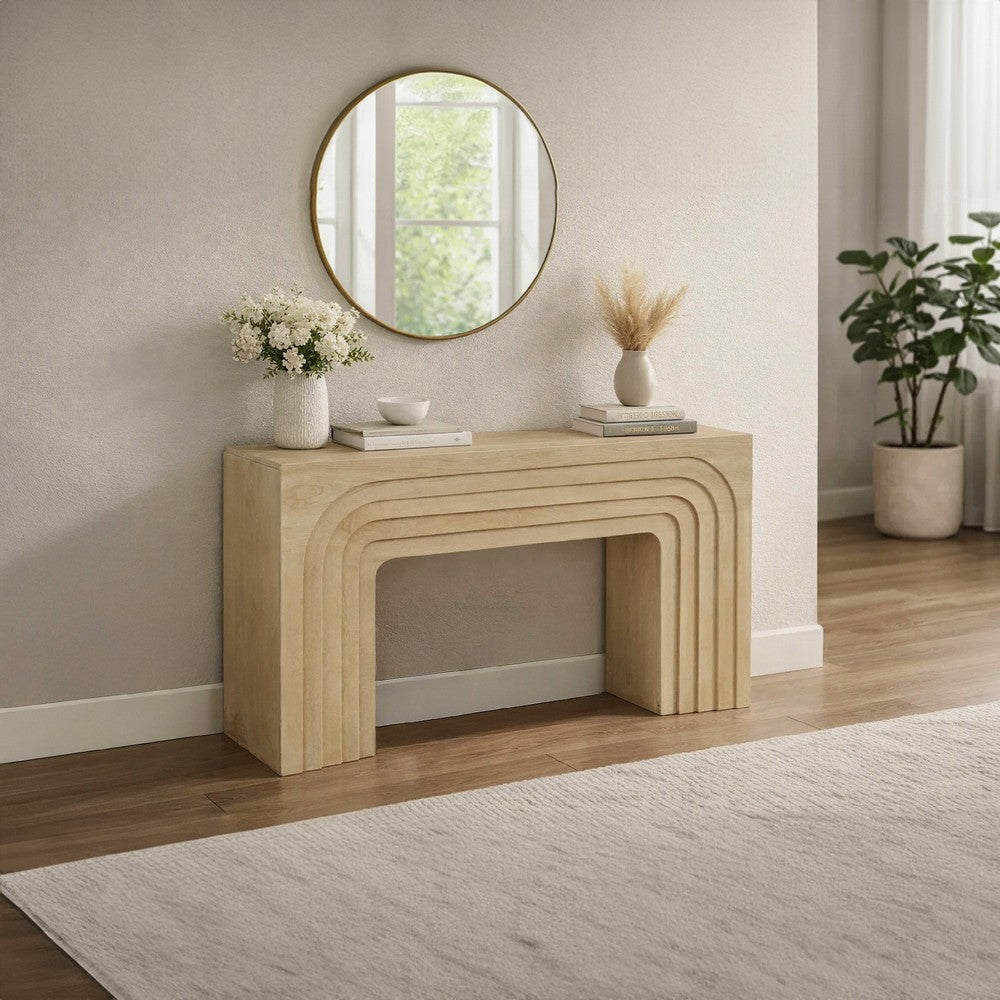 Kesna Console Sofa Table, 53 Inch Sculpted Arch, Light Beige Mango Wood - UPT-336134