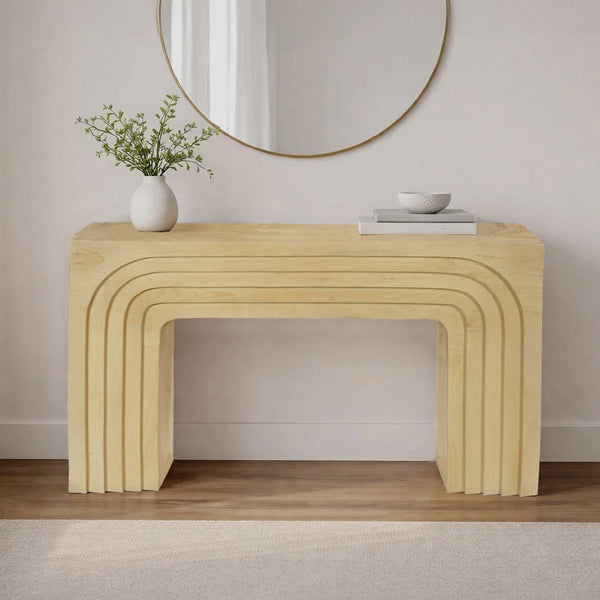 Kesna Console Sofa Table, 53 Inch Sculpted Arch, Light Beige Mango Wood - UPT-336134