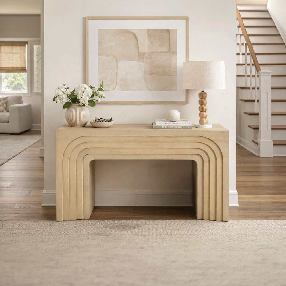 Kesna Console Sofa Table, 53 Inch Sculpted Arch, Light Beige Mango Wood - UPT-336134