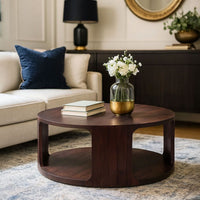 Bard Coffee Table, 38 Inch Round Top with Shelf, Walnut Brown Mango Wood Sculptural Frame - UPT-336136