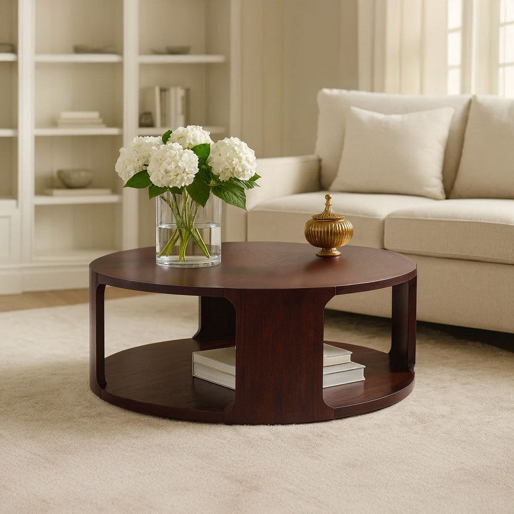 Bard Coffee Table, 38 Inch Round Top with Shelf, Walnut Brown Mango Wood Sculptural Frame - UPT-336136
