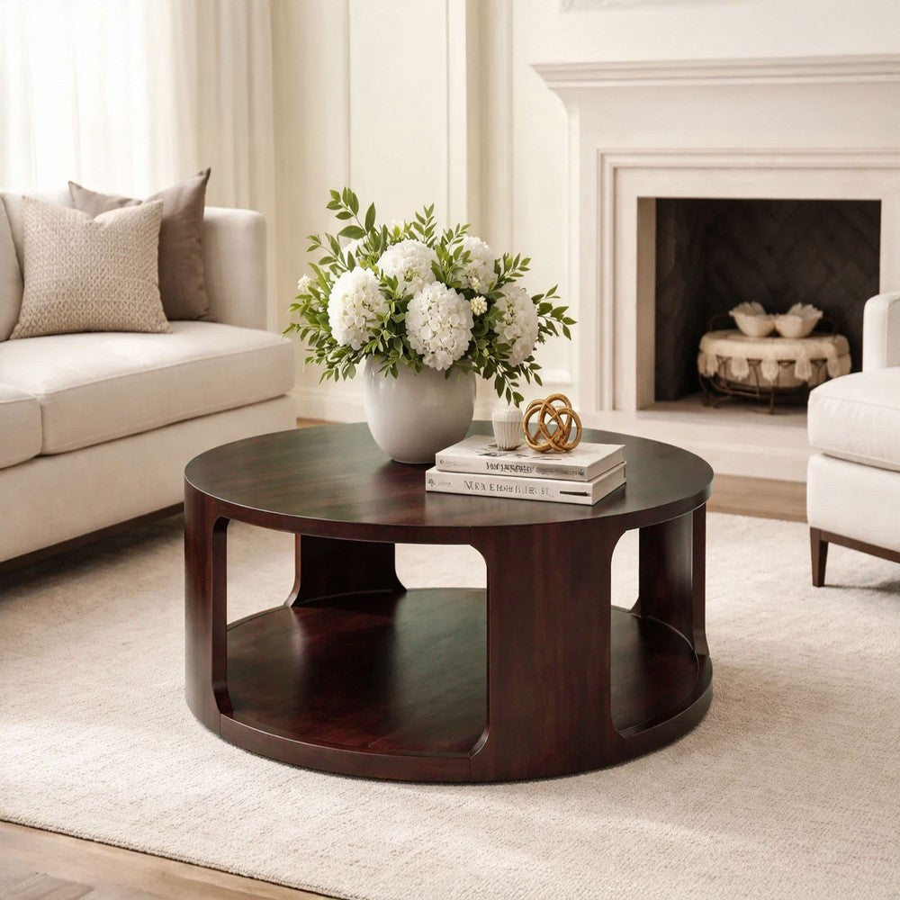 Bard Coffee Table, 38 Inch Round Top with Shelf, Walnut Brown Mango Wood Sculptural Frame - UPT-336136