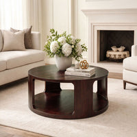 Bard Coffee Table, 38 Inch Round Top with Shelf, Walnut Brown Mango Wood Sculptural Frame - UPT-336136