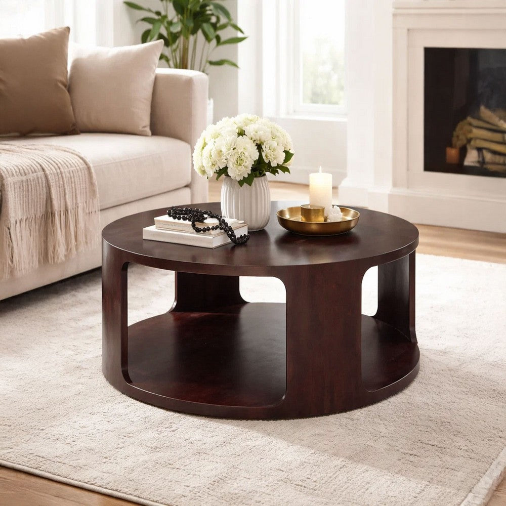 Bard Coffee Table, 38 Inch Round Top with Shelf, Walnut Brown Mango Wood Sculptural Frame - UPT-336136