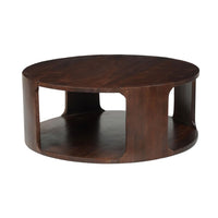 Bard Coffee Table, 38 Inch Round Top with Shelf, Walnut Brown Mango Wood Sculptural Frame - UPT-336136
