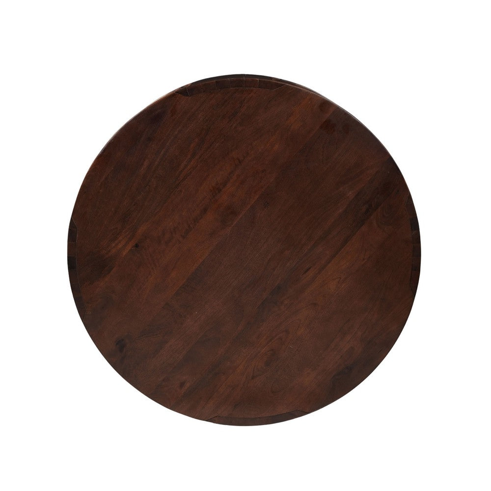Bard Coffee Table, 38 Inch Round Top with Shelf, Walnut Brown Mango Wood Sculptural Frame - UPT-336136